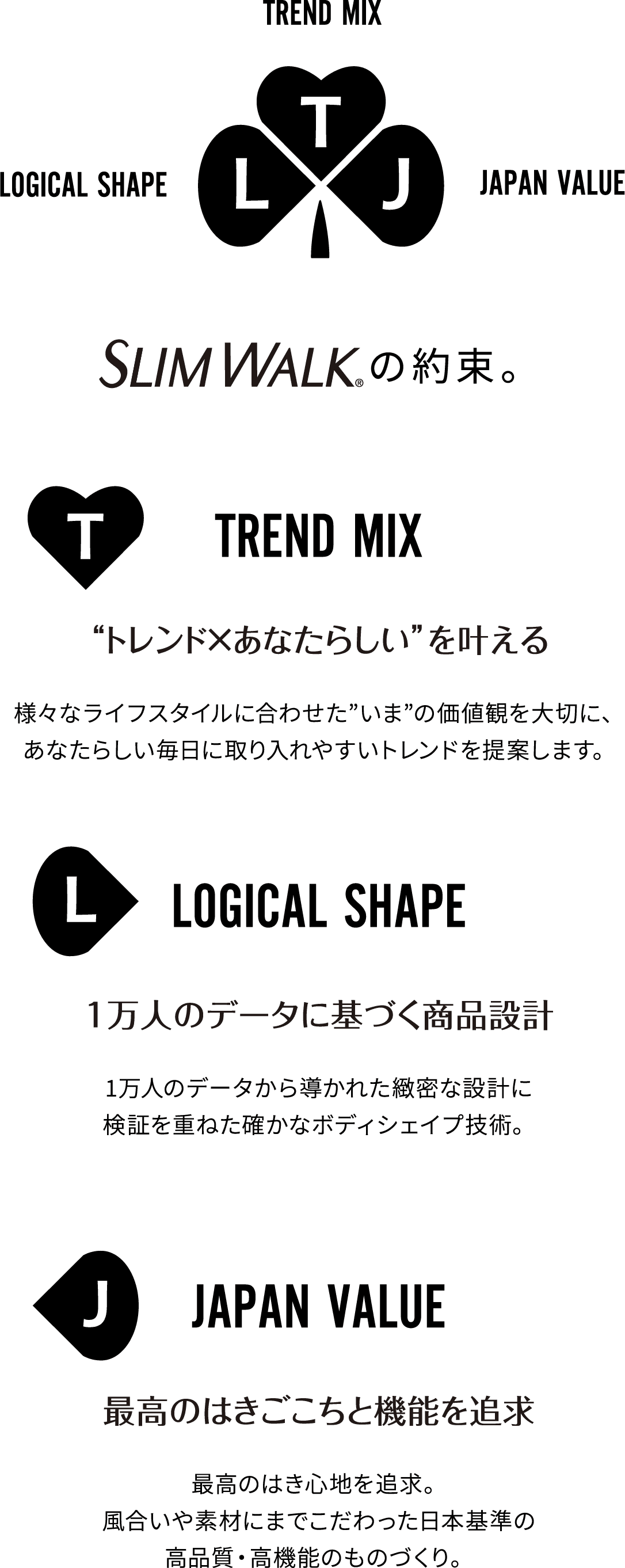 TREND MIX　“トレンド×あなたらしい”を叶える　様々なライフスタイルに合わせた　”いま”の価値観を大切に、　あなたらしい毎日に　取り入れやすいトレンドを提案します。LOGICAL SHAPE　1万人のデータに基づく商品設計　1万人のデータから導かれた緻密な設計に　検証を重ねた確かなボディシェイプ技術。JAPAN VALUE　最高のはきごこちと機能を追求　最高のはき心地を追求。　風合いや素材にまでこだわった日本基準の　高品質・高機能のものづくり。